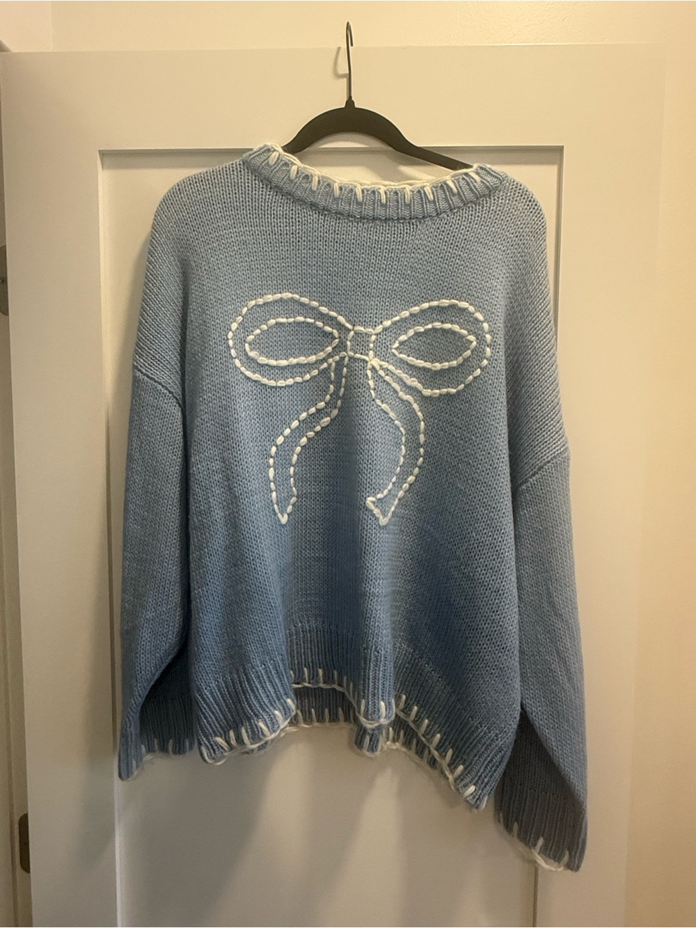 Bailey Rose Light Blue Knit Sweater with White Bow Detail